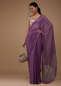 Mauve Purple Chiffon Saree With Swarovski Stone Embellishments And Satin Border