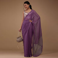 Mauve Purple Chiffon Saree With Swarovski Stone Embellishments And Satin Border