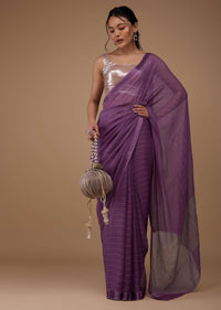 Mauve Purple Chiffon Saree With Swarovski Stone Embellishments And Satin Border