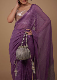 Mauve Purple Chiffon Saree With Swarovski Stone Embellishments And Satin Border