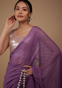 Mauve Purple Chiffon Saree With Swarovski Stone Embellishments And Satin Border