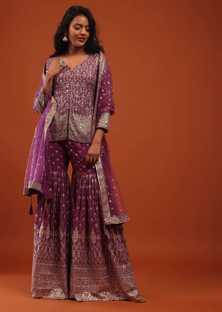 Orchid Purple Embroidered Sharara Suit In Georgette