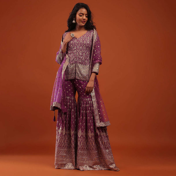 Orchid Purple Embroidered Sharara Suit In Georgette