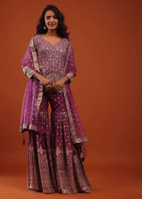 Orchid Purple Embroidered Sharara Suit In Georgette