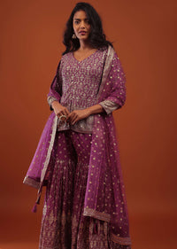 Orchid Purple Embroidered Sharara Suit In Georgette