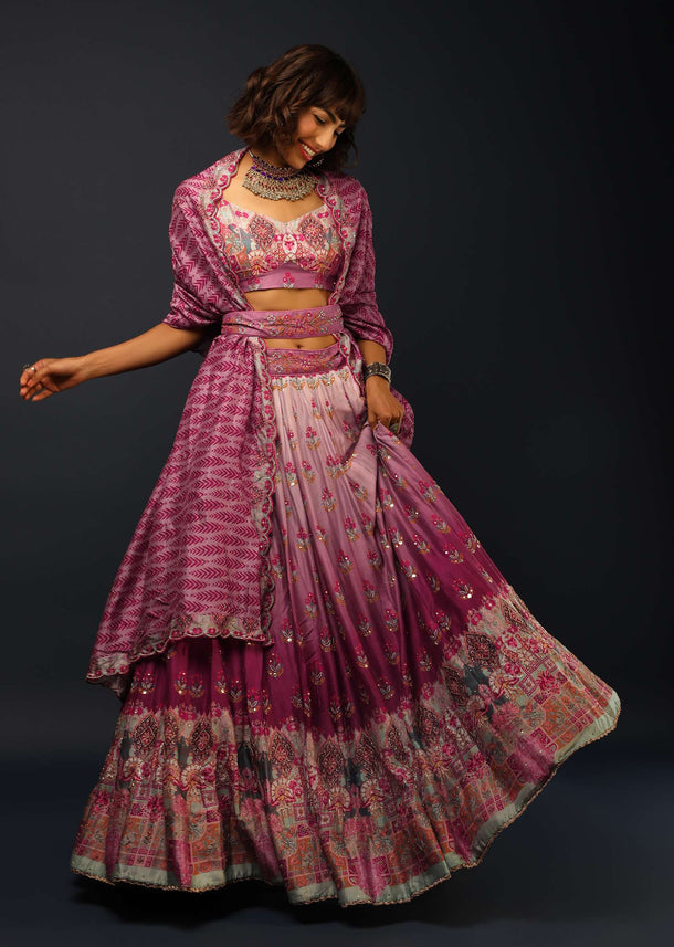 Orchid Purple Shaded Lehenga In Silk With Floral Printed Buttis And Ethnic Border Design