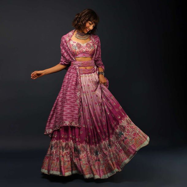 Orchid Purple Shaded Lehenga In Silk With Floral Printed Buttis And Ethnic Border Design