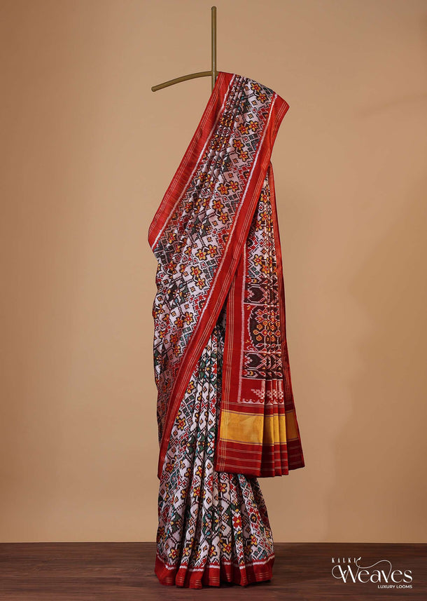 Cherry Red Handloom Double Ikat Patola Woven Saree In Linen With An Unstitched Blouse