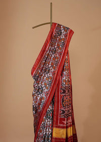 Cherry Red Handloom Double Ikat Patola Woven Saree In Linen With An Unstitched Blouse