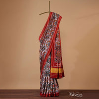 Cherry Red Handloom Double Ikat Patola Woven Saree In Linen With An Unstitched Blouse