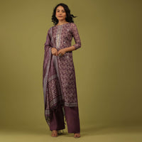 Oxblood Red Printed Palazzo Suit In Chanderi With Embroidery
