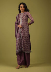 Oxblood Red Printed Palazzo Suit In Chanderi With Embroidery