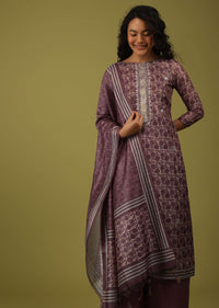 Oxblood Red Printed Palazzo Suit In Chanderi With Embroidery