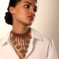 Oxidised Choker Necklace With Red Glass Work And Dangling Fringe Detailing With Ghungru Tassels On The End