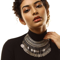 Oxidised Collar Necklace With Carved Armor Beads And Dangling Coin Tassel Fringes