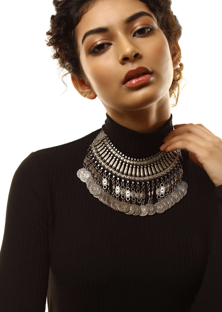 Oxidised Collar Necklace With Carved Armor Beads And Dangling Coin Tassel Fringes