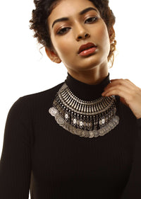 Oxidised Collar Necklace With Carved Armor Beads And Dangling Coin Tassel Fringes