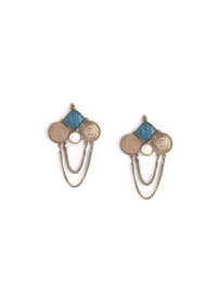 Oxidised Earrings Featuring Modern Abstract Placed Geometric Motifs Studded With Carved Blue Stone, Baroque Pearl And Chain Detailing