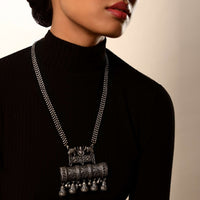 Oxidised Necklace With Carved Ganesha Pendant Along With Ethnic And Elephant Motifs