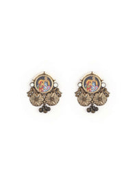 Oxidised Radhe - Krishna Earrings With Carved Floral Motifs And Ghungroo Tassels