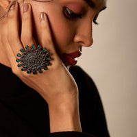 Oxidised Ring In Floral Motif Studded With Green And Purple Stones