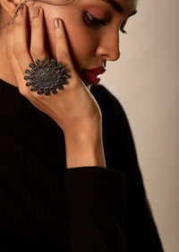 Oxidised Ring In Floral Motif Studded With Green And Purple Stones