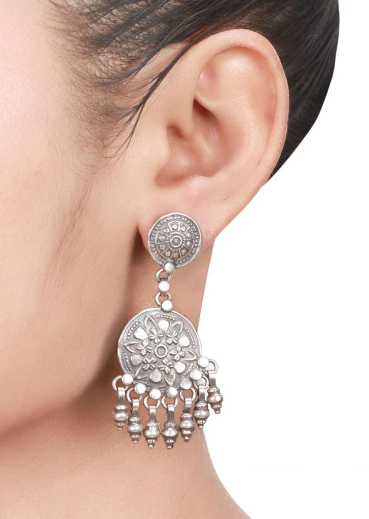 Oxidised Ethnic Earrings With Handmade Floral Design And Dangling Beads Made In Sterling Silver By Sangeeta Boochra