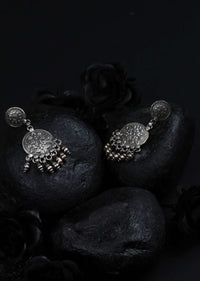 Oxidised Ethnic Earrings With Handmade Floral Design And Dangling Beads Made In Sterling Silver By Sangeeta Boochra