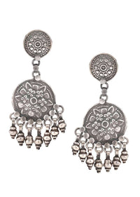 Oxidised Ethnic Earrings With Handmade Floral Design And Dangling Beads Made In Sterling Silver By Sangeeta Boochra