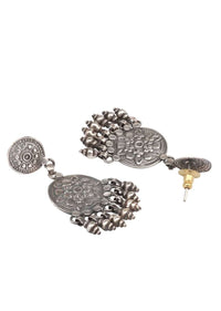 Oxidised Ethnic Earrings With Handmade Floral Design And Dangling Beads Made In Sterling Silver By Sangeeta Boochra