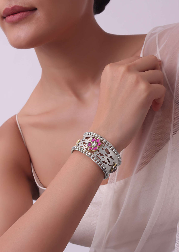 Oxidised Kada In Silver Finish With Meenakari Work