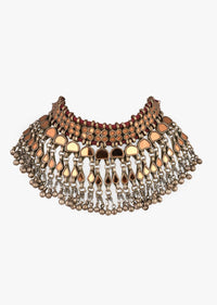 Oxidised Necklace With Yellow Mirror Work And Dangling Ghungroo Fringes