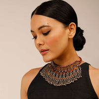 Oxidised Necklace With Yellow Mirror Work And Dangling Ghungroo Fringes
