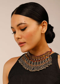Oxidised Necklace With Yellow Mirror Work And Dangling Ghungroo Fringes