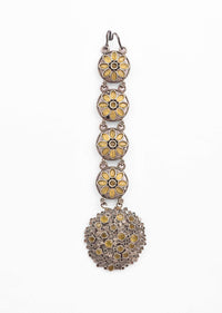 Oxidised Silver Mangtika With Carved Floral Motif Studded In yellowstone