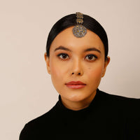 Oxidised Silver Mangtika With Carved Floral Motif Studded In yellowstone