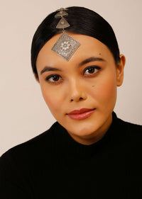 Oxidised Silver Mangtika With Floral Carved Square Motif And Pearls