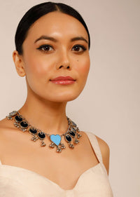 Oxidised Silver Necklace With Blue Glass Work And Ghunghroo Tassels