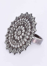 Oxidized floral shaped ring with self carving only on Kalki