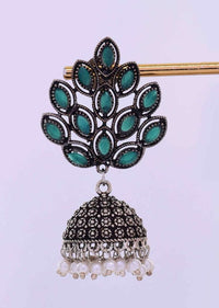 Oxidized jhumkas with emerald green beads only on Kalki