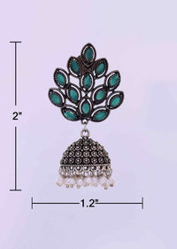 Oxidized jhumkas with emerald green beads only on Kalki