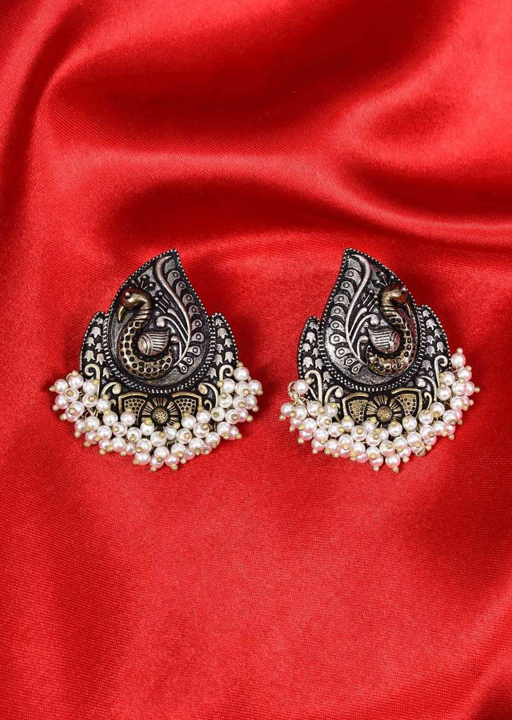 Oxidized peacock motif earring  with bunch moti drops only on Kalki