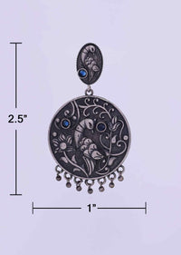 Oxidized self carved dangler earring in peacock motif only on Kalki