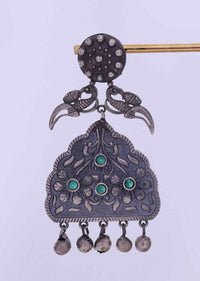 Oxidized self carved metal dangler with emerald green bead only on Kalki