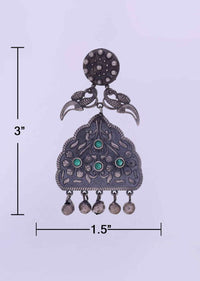 Oxidized self carved metal dangler with emerald green bead only on Kalki