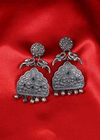 Oxidized self carved metal dangler with emerald green bead only on Kalki