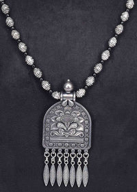 Oxidized self carved necklace with black thread base only on Kalki