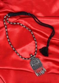 Oxidized self carved necklace with black thread base only on Kalki