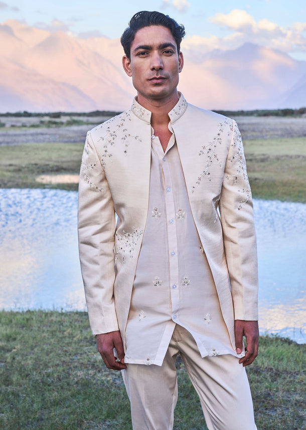 Oyester Embroidered Linen Jodhpuri Suit