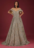 Net Oyster Gown With Layers, Embroidery Of 3D Petals And Moti, And A Cold Shoulder Neckline